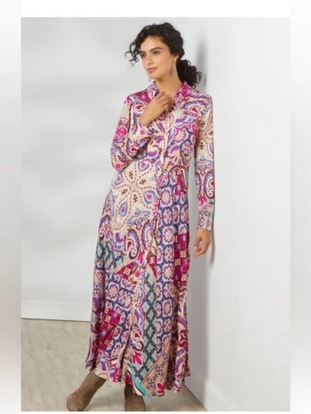 Soft Surroundings Palermo Soho Maxi Shirt Dress Long Sleeve Festoon Puchsia M
